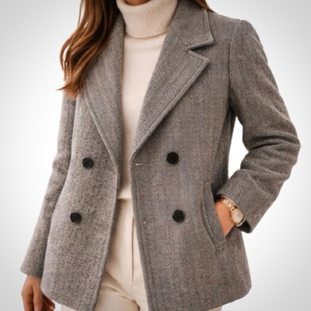Gray Herringbone Wool Blend Dark Academia Mid Length Herman Kay Pea Coat [sz 10]